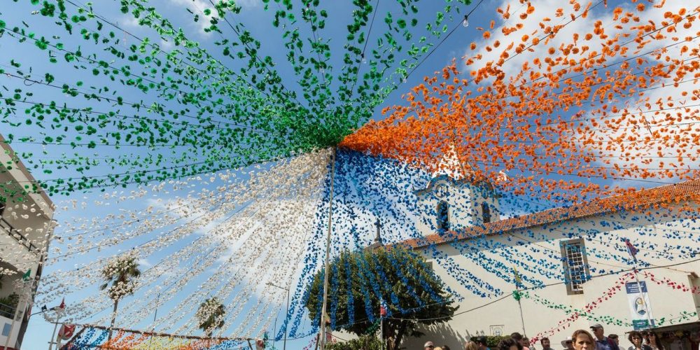 Estreito de Camara de Lobos, Portugal - September 10, 2016: Garlands, street decorations at Madeira Wine Festival in Estreito de Camara de Lobos, Madeira, Portugal.